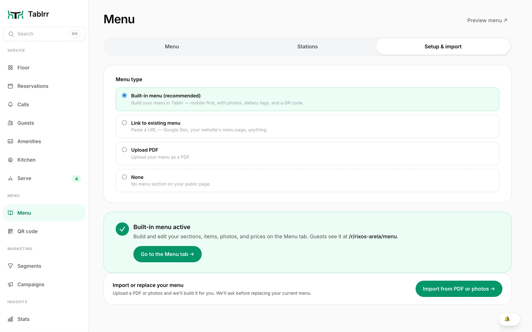 Tablrr — menu import