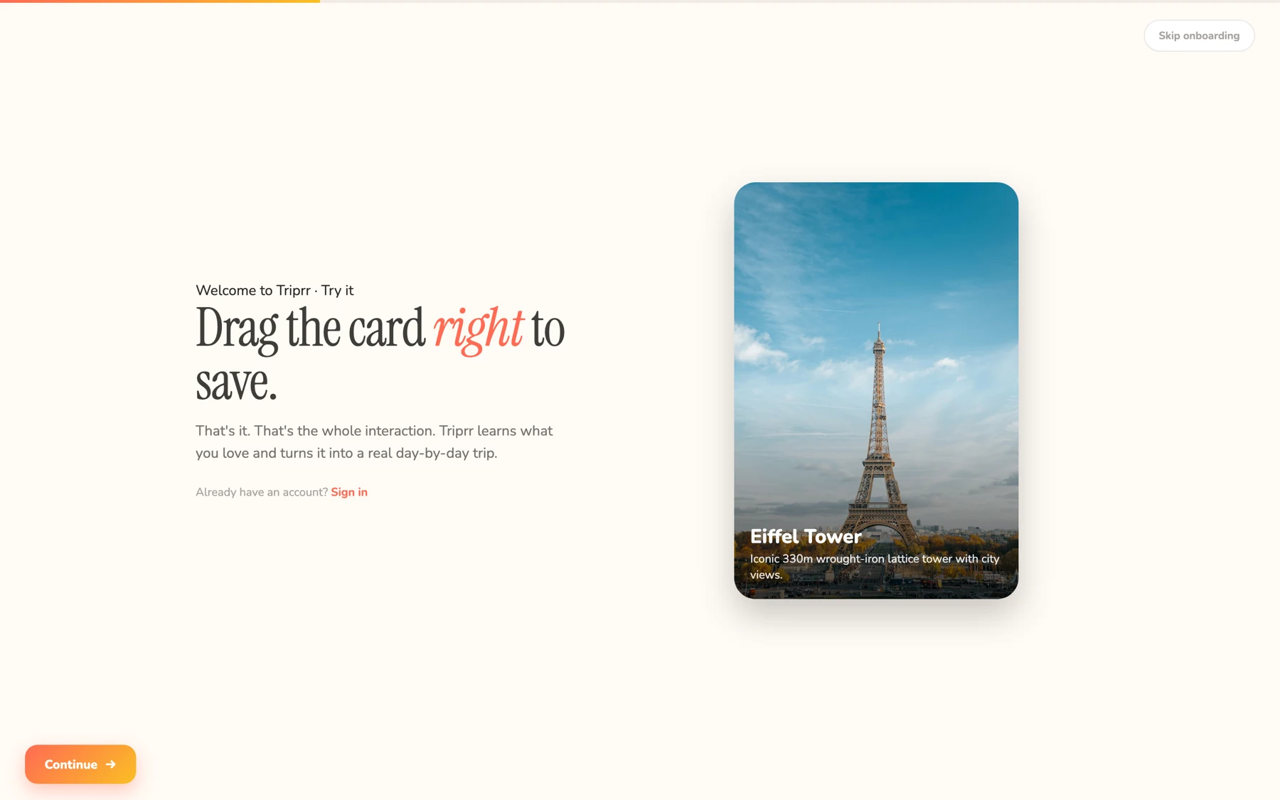 Tripr — swipe onboarding