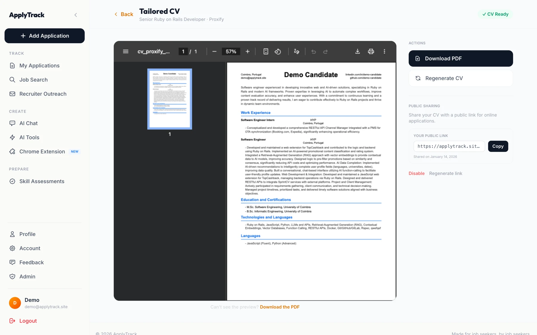 ApplyTrack — tailored cv