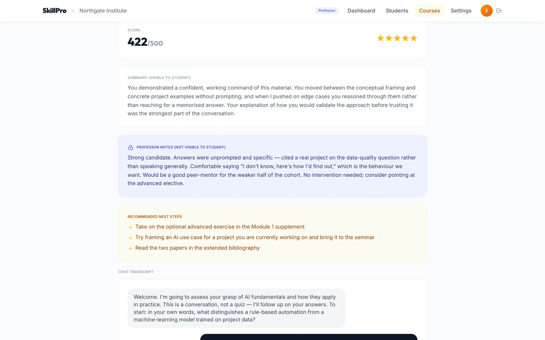 SkillPro for Universities — student review professor report
