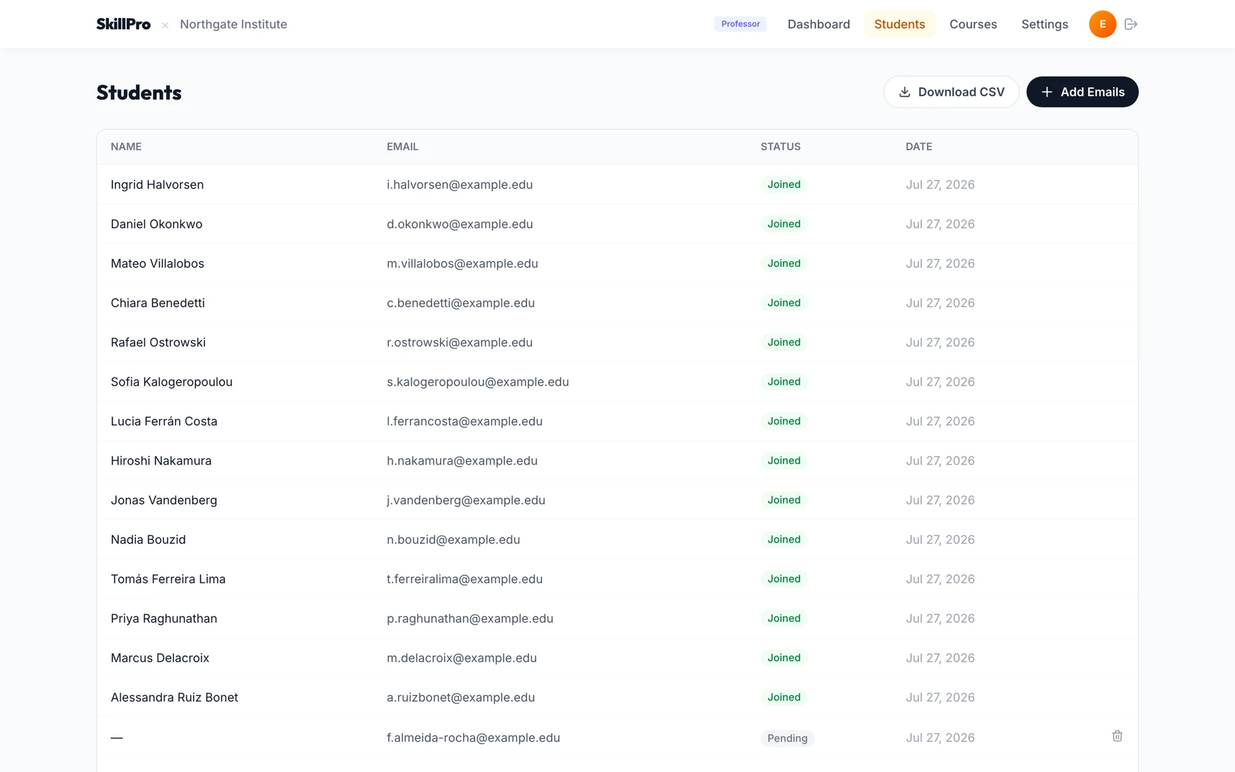 SkillPro for Universities — students invites csv