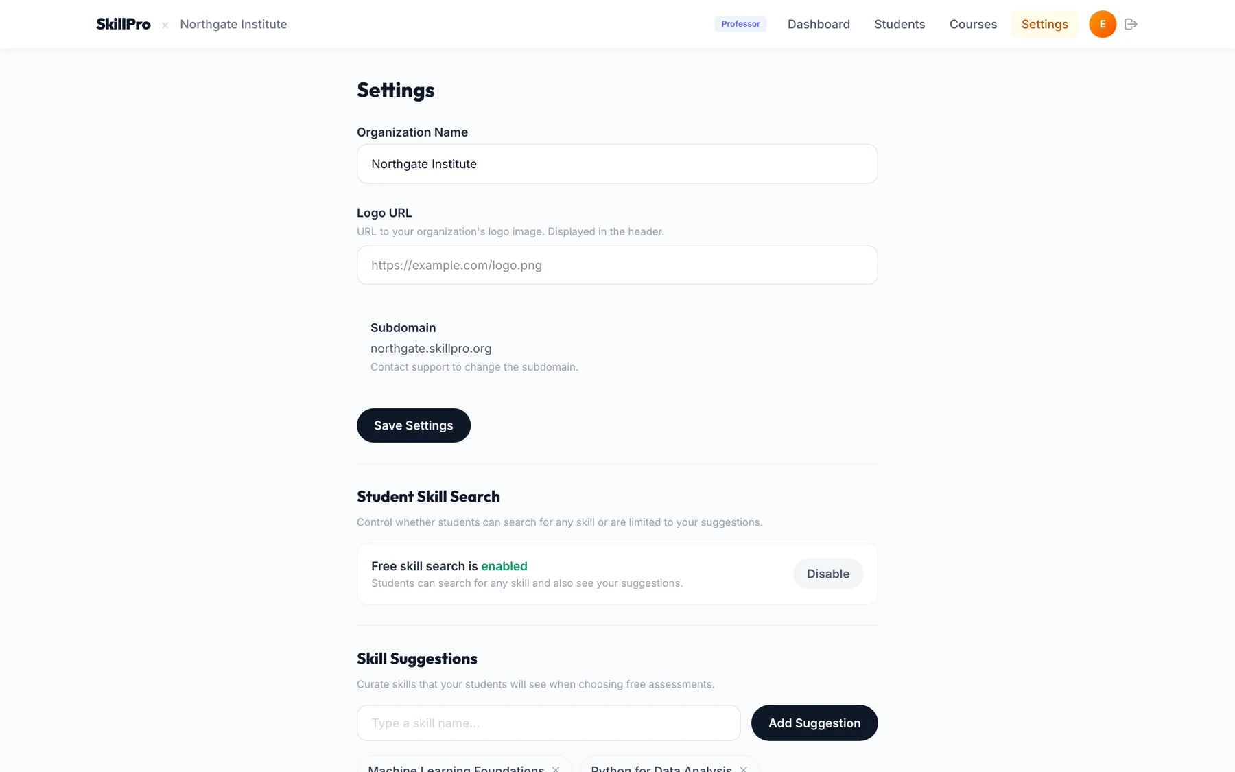 SkillPro for Universities — tenant whitelabel settings